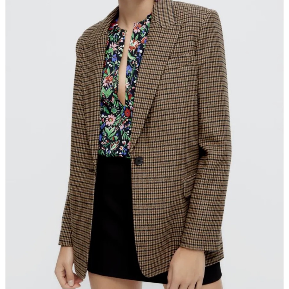 Zara Wool Blend Elbow Patch Blazer Houndstooth Camel/Brown Size XS